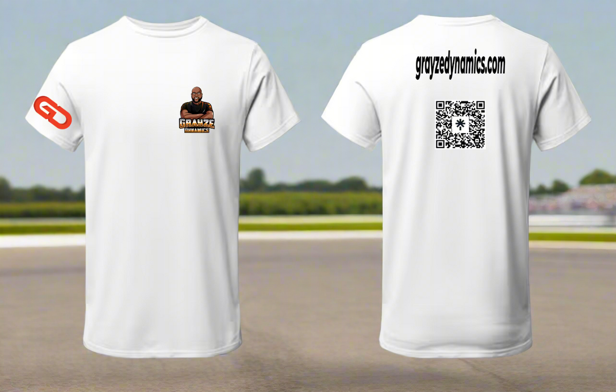 White t-shirt with graphics and text on front and back on a gray background