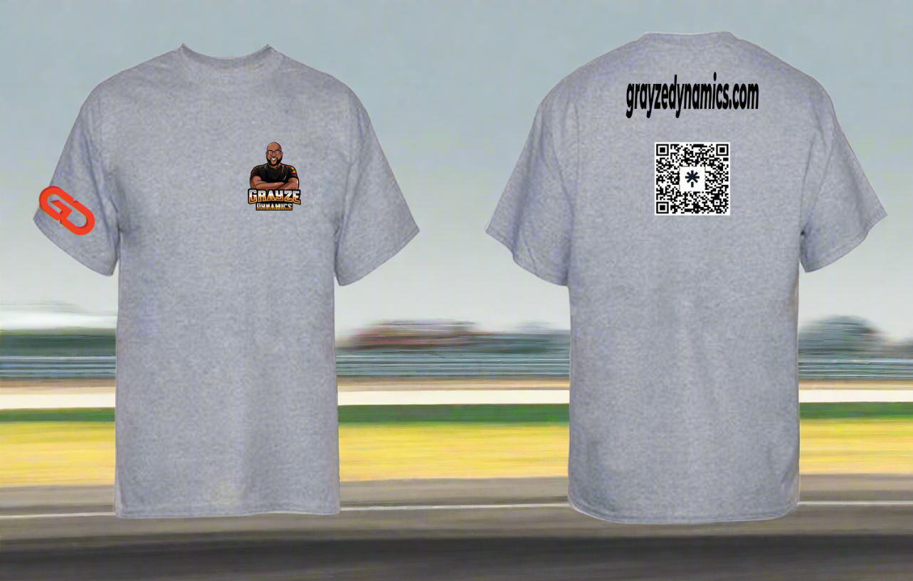 Gray t-shirt with branding on the front and back, featuring a logo and text.