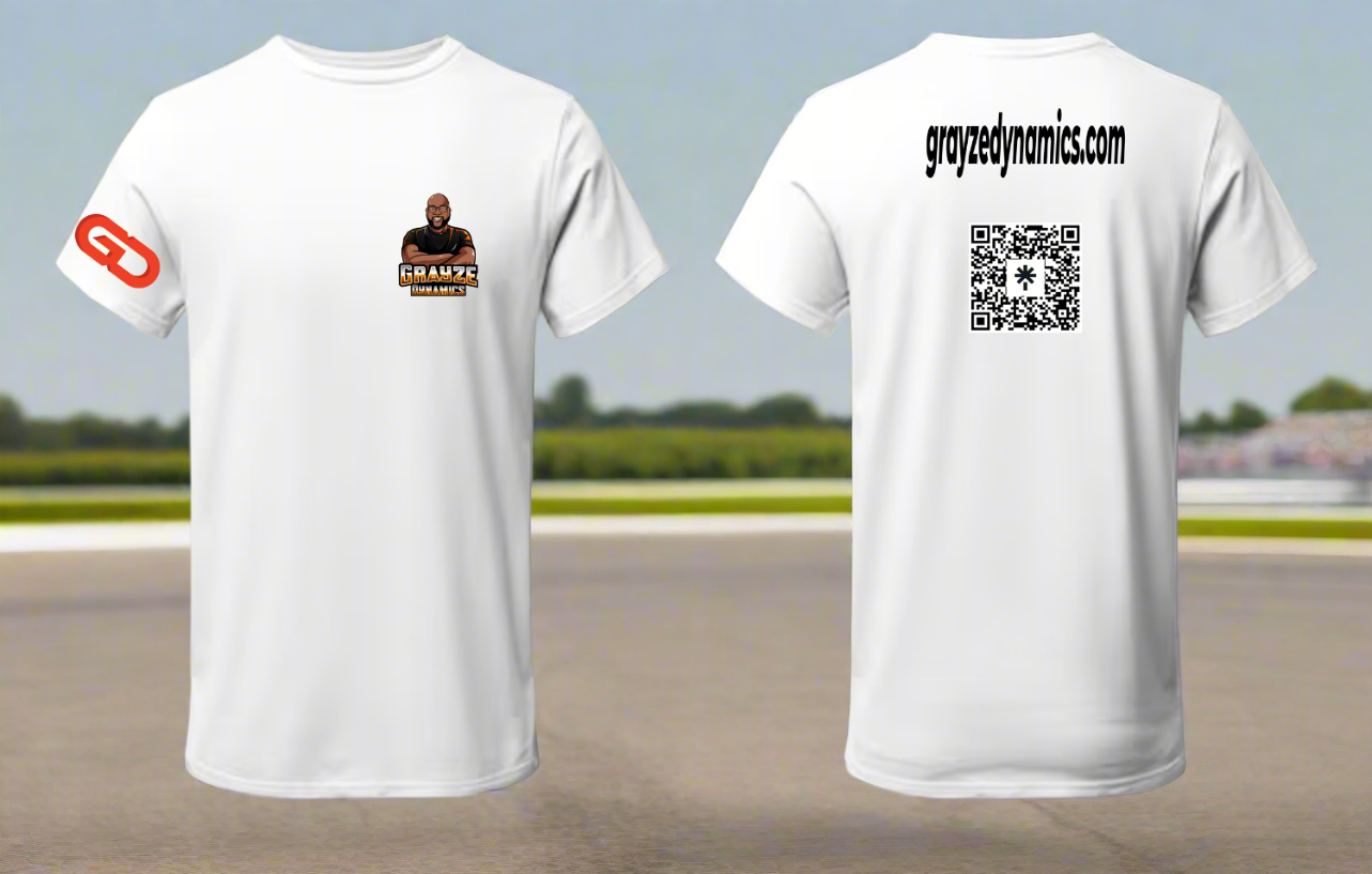 White t-shirt with graphics and text on front and back on a gray background